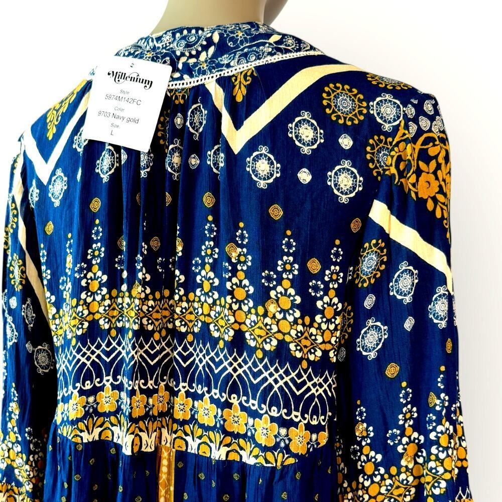 Millenium New Top Blouse Tunic Dress Womens L Bohemian Paisley Navy Gold Peasant - Picture 8 of 12
